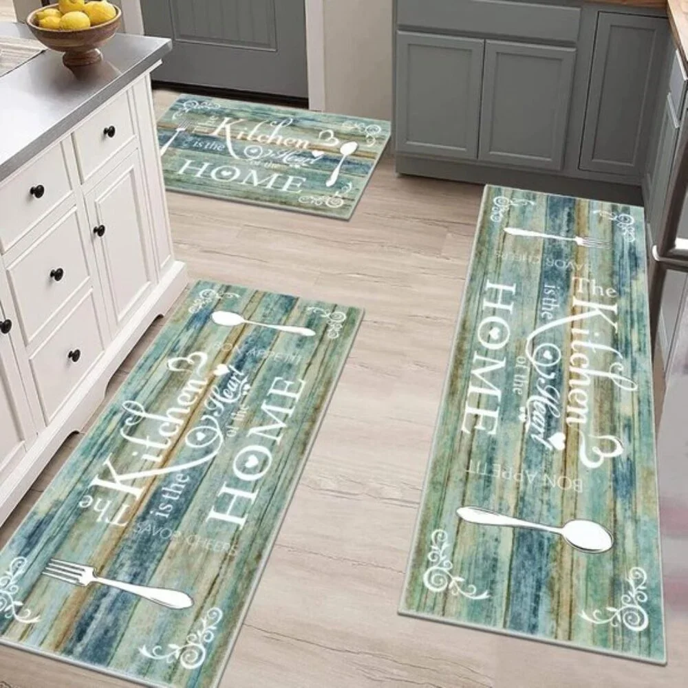 New 3-Piece Boho Kitchen Rug Set, Washable, Non-Slip Mats for Floor, Teal/Brown